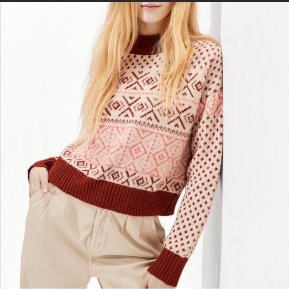 AMERICAN EAGLE Fair Isle Mock Neck Cropped Knit Sweater Size Small